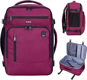 ECOHUB 17" Small Travel Backpack, United Airlines Personal Item Bag 17x10x9 with 16 Pockets, Water Resistant Rucksacks Fit 15.6" Laptop, AirTag Pocket, Lightweight Casual Daypack, 25L, Red