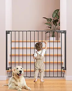 Cumbor 34" Extra Tall No Bottom Bar Baby Gate for Stairs, Wall Mounted Dog Gate Indoor for Larger Pets, Expandable 29.2-43" Safety Gate for Doorways, Wide Walk Thru Door for Easy Access (Black)