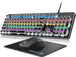 Typewriter Mechanical Gaming Keyboard and Mouse, Metal Panel Retro Keyboards with Round Keycap Blue Switch, Rainbow LED Backlit 104-Key Anti-Ghost Wired Mouse and Pad Combo for PC Laptop Mac Gamer