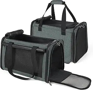 YUDODO 2 Packs 25 lbs Lightproof Soft Sided Pet Carrier for Large Cat & Small Dog Airline Approved Travel Bag Puppy Carriers with Side Pockets & Reflective Mesh, Foldable Portable for Car 2 Grey Green