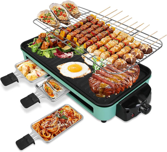 1500W Electric Indoor Grill, 2 in 1 Electric Griddle Nonstick with Grill Net & Removable Plate, 5 Adjustable Temperature Control Portable Korean BBQ Grill with 3 Small Trays