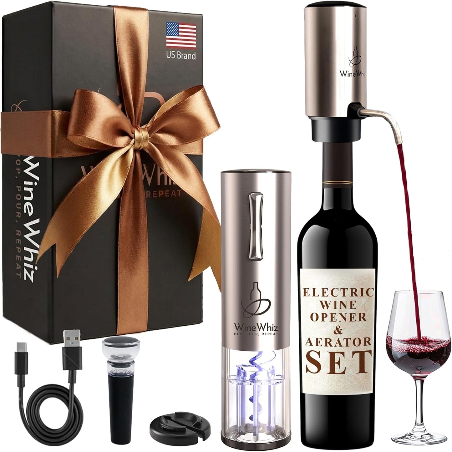 Electric Wine Aerator & Opener Set with Accessories, Rechargeable Automatic Corkscrew, Aerator, Dispenser, Foil Cutter Tool, Stopper, Wine Lovers Gift for Housewarming, Birthday, Registry, Anniversary