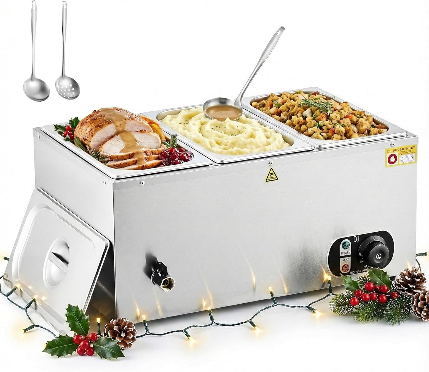 WILPREP Commercial Food Warmer with Three 1\/3 Pans, 1500W Countertop Electric Warmer, 86-185°F Adjustable Temp Control & Over-Temp Protection, Stainless Steel Buffet Bain Marie