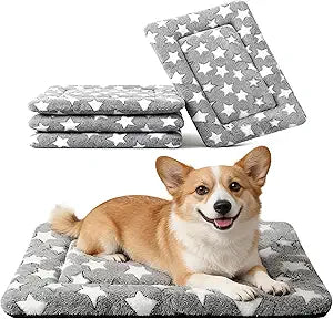 Dog Crate Mat, 4 Piece Reversible Pet Bed, Polyester, Machine Washable, Small Dogs & Cats, Rectangular (Gray Star, 24" L x 18" W x 1.5" Th)