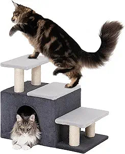 3-in-1 Pet Stairs for Cats, Dog Steps for Small Doggie,7.8'' Depth Cat Stairs,Indoor Cat Steps for High Bed for Pet's Joints, Soft Plush, 1 Big Cat Condo Cave, Sisal Scratching Posts, Grey, Large