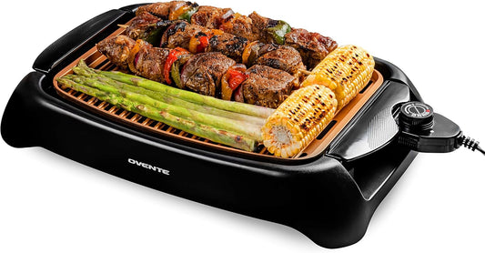 OVENTE Electric Indoor Grill with 13x10 Inch Non-Stick Cooking Surface, 1000W Fast Heat Up Power, Adjustable Temperature, Removable and Dishwasher Safe Grilling Plate and Drip Tray, Copper GD1632NLCO