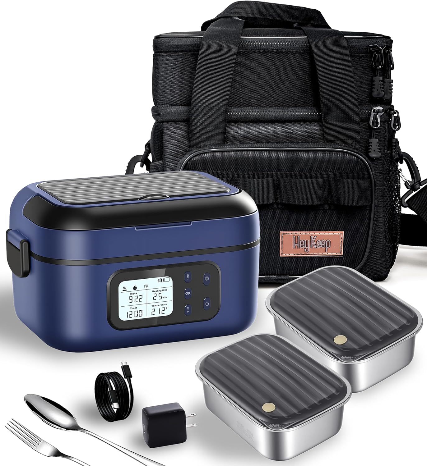 HEYKEEP XL Cordless Electric Heated Lunch Box for Adults, Battery-Powered,2 x 6.3-Cup Capacity, Rechargeable Portable Self-Heating Food Warmer for Work Travel Car
