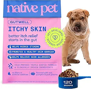 GutWell Itchy Skin - Dog Itching Skin Relief & Seasonal Allergy Itch Relief for Dogs - Promotes Skin Hydration, Elasticity & Healthy Barrier with Triple-biotic Blend, Zinc, & Vitamin E - 120 Scoops