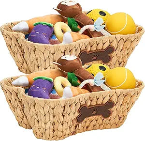 ELONG HOME Wicker Basket for Pet Toys, 2 Pack Stylish and Natural Dog and Cat Toy Basket, Dog Storage Organizer with Bone Shape