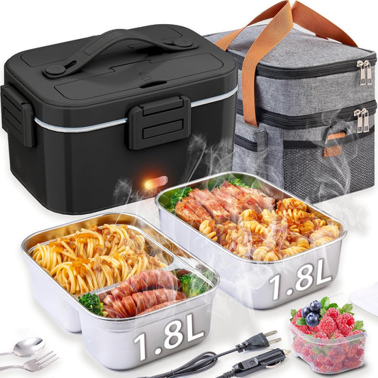Nifogo Electric Lunch Box for Adults with 2 Stainless Steel Containers 1.8L 100W Heated Lunch Boxes for Men Electric LunchBox Food Heater Portable 12\/24\/110V for Work Car Truck (Black)