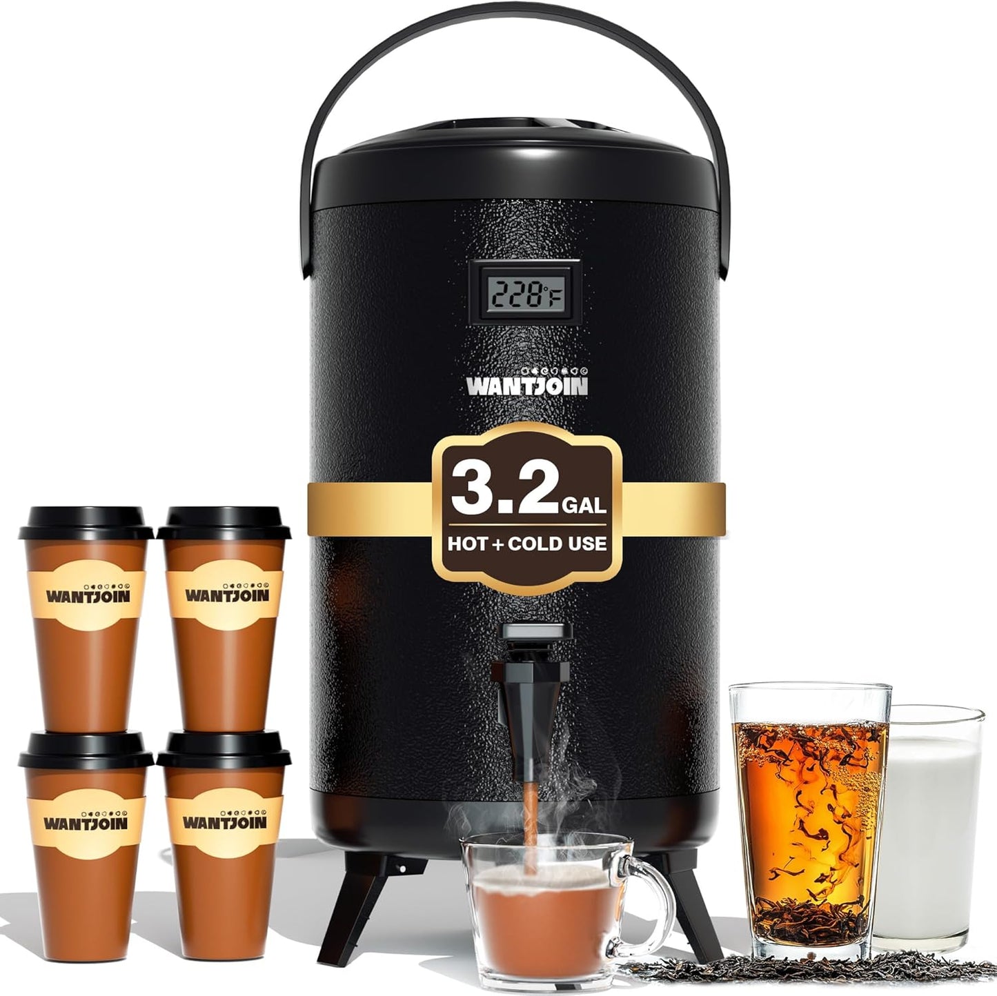 Thermal Beverage Dispenser - 12L\/3.2Gal Black Stainless Steel, Single, LCD Thermometer, Triple-Layer Insulated, Non-Electric Hot & Cold Drink Dispenser for Coffee, Tea, Water, Parties