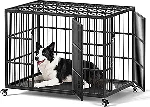VERIFURTY 42 Inch Heavy Duty Dog Crate for Large and Medium Dogs with Self-Locking Latch, Escape-Proof Steel Kennel Indoor, XL Large Double Door Metal Pet Cage with Wheels