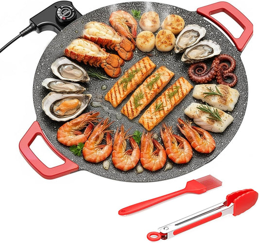 Electric Indoor Grill Nonstick Smokeless, 14 Inch Round Griddle with Temperature Control, Includes Oil Brush & Food Tongs for Kitchen, BBQ, Pan Searing Steak, Pancakes