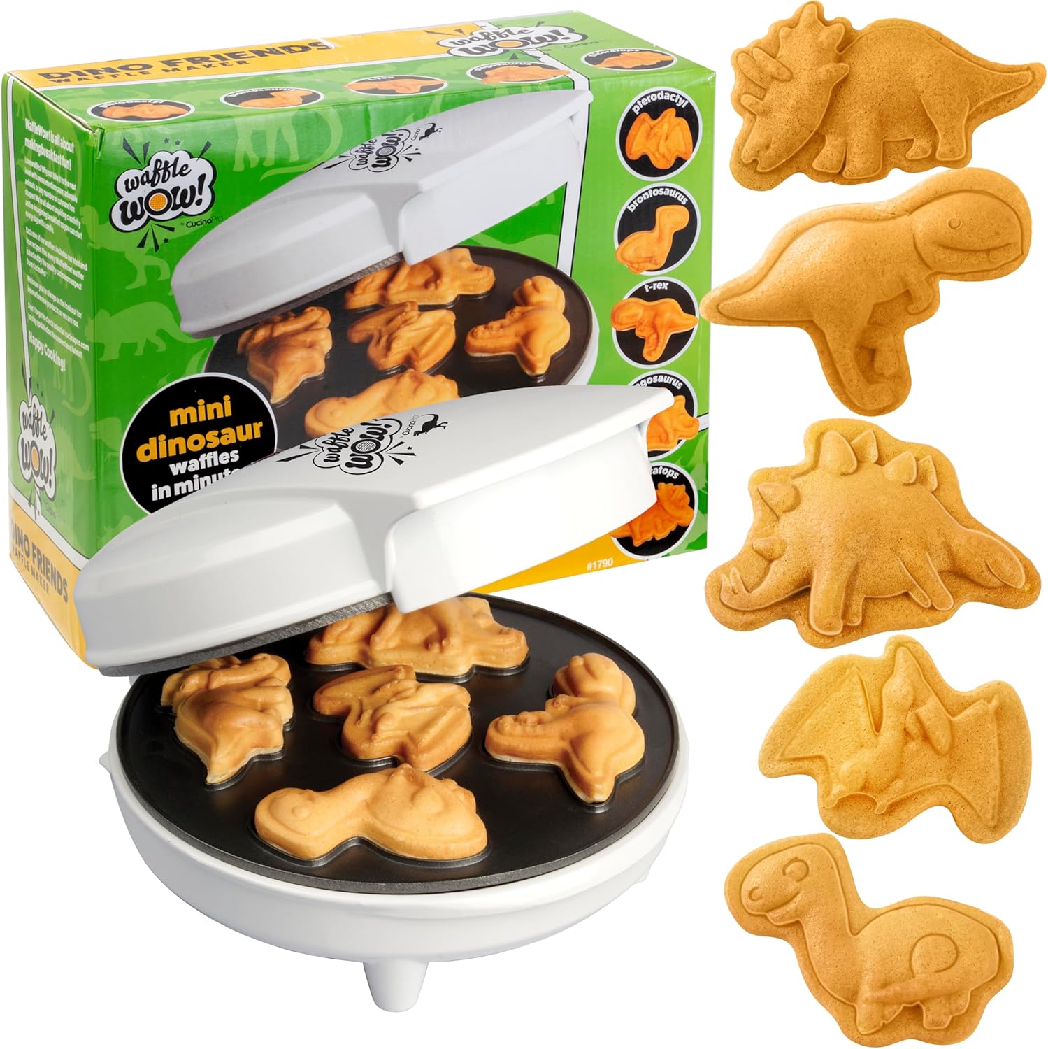 Dinosaur Mini Waffle Maker- 5 Different Double Sided 3D Shaped Dinos in Minutes- Breakfast Fun for Kids Adults w Cool Novelty Pancakes, Electric Baker, NonStick Waffler Iron w Recipes, Valentine Gift