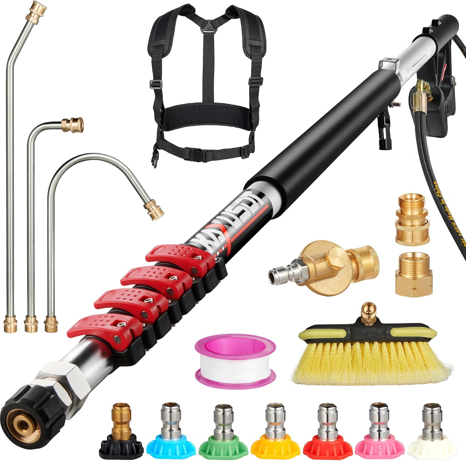 24FT Pressure Washer Telescoping Extension Wand, High Power Accessories with Brush Head & 3 Wand, 7 Spray Nozzle Tips, Max 4000PSI Gutter Cleaning Tools for Wall Window Soffit Cleaner