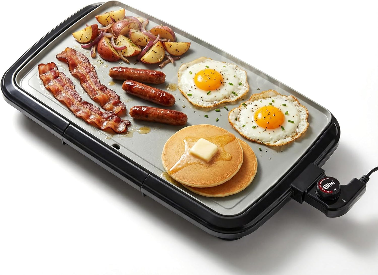 Elite Gourmet 10' x 20', Electric Griddle, Large PFAS-Free Ceralast Ceramic Non-Stick Surface Cool-touch Handles, Removable\/Adjustable Thermostat, Easy to Clean Removable Grease Tray, Black\/Grey