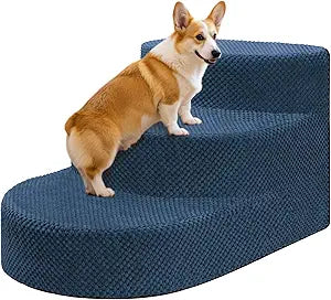 Dog Stairs for Small Dogs, Foam Steps for Small Dogs & Cats, 3 Steps Dog Ramp for High Beds, Couch, Window, Sofa, Pet Stairs with Removable Washable Cover, Non-Slip Sturdy Pet Steps, Navy Blue