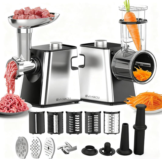 Electric Meat Grinder, Cheese Grater, 2800W Max Stainless Steel Veggie Shredder, Vegetable Cutter with 5 Slice Blades, 3 Grinding Plates, Sausage Stuffer & Kubbe Kit, for Home Kitchen Use