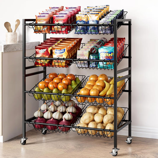 25.2''W Kitchen Storage Cart, Rolling Snack Cart, 4 Tier Fruit Basket Stand, Metal Pantry Storage with 8 Stackable Wire Baskets, Black