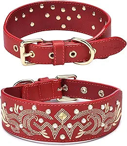 Blueberry Pet Western Leather Dog Collar - Genuine Leather with Floral Embroidery & Pearl Studs, Adjustable 18-22 Inch Neck for Large Dogs, Comfortable and Stylish Pet Collar