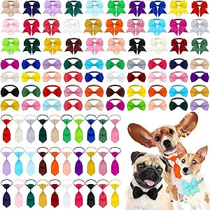 Reginary 100 Pieces Dog Bow Tie Collar Set Include 40 Dog Neckties, and 30 Puppy Bowties, 30 Collar Flowers, Adjustable Pet Ties Grooming for Small Medium Cats Pets Supply(Solid Color)
