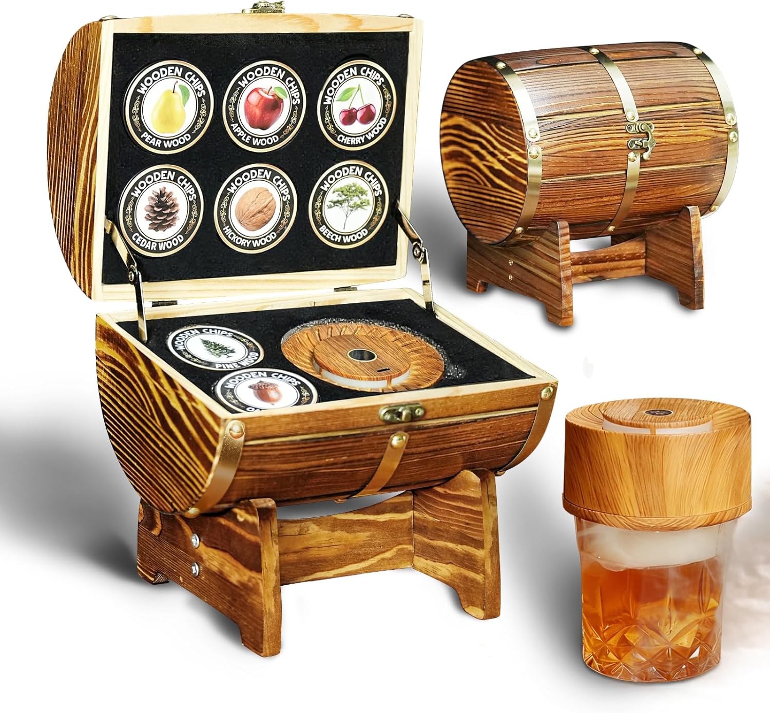 Whiskey Smoker Kit - Electric Cocktail Smoker with Wooden Barrel Case and 8 Flavors Wood Chips, Old Fashioned Smoker Kit Bourbon Gifts for Men