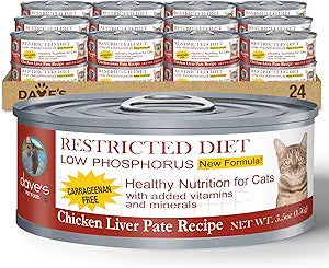 Dave's Pet Food Kidney Support Wet Canned Cat Food for Renal Health (Chicken Liver & Chicken Pate), Non-Prescription Low Phosphorus Restricted Diet 5.5 oz,(24 Pack)