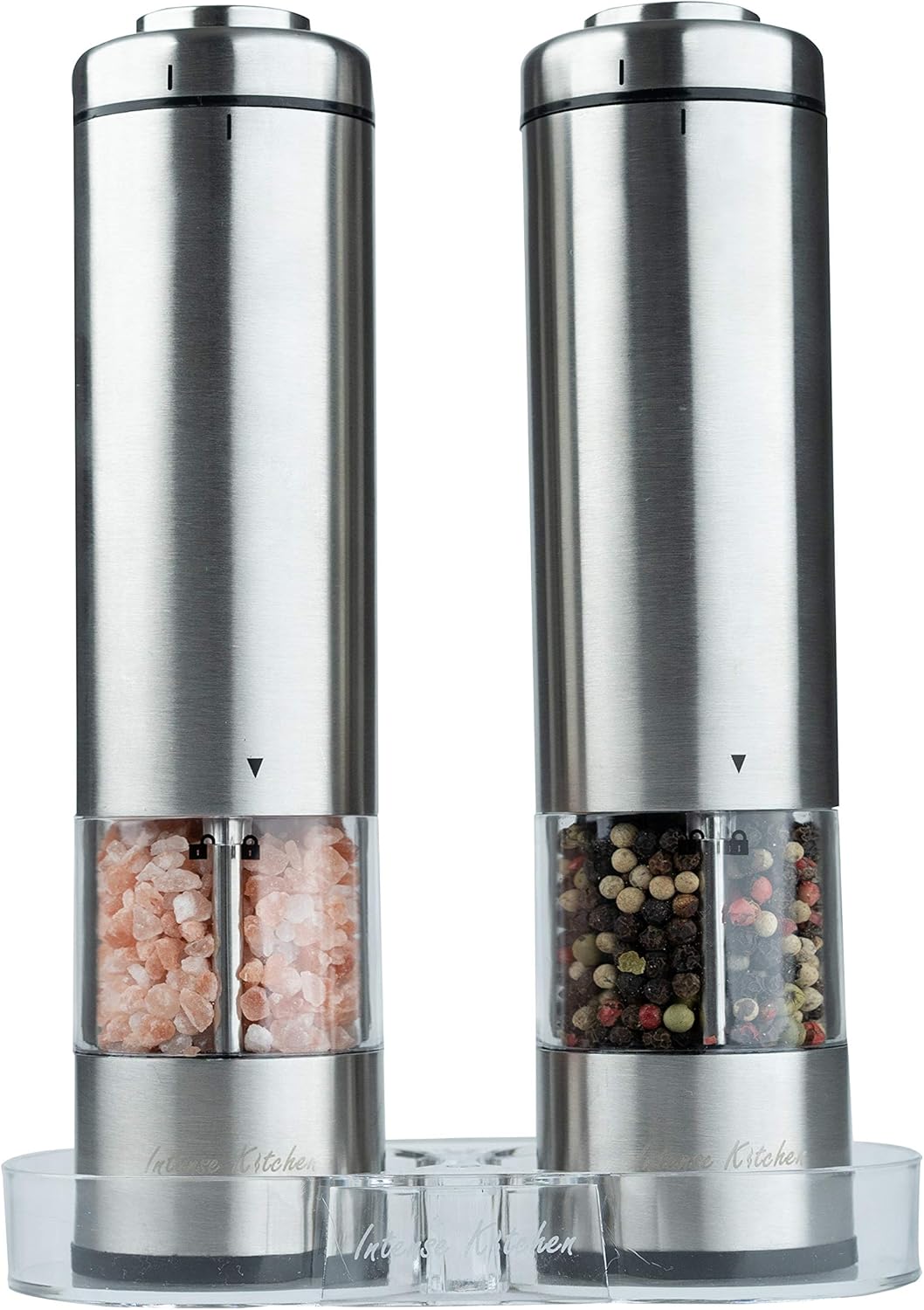 Electric Salt and Pepper Grinder Set by Intense Kitchen - Battery Operated Stainless Steel with Light & Clear Container Mills (2)- Adjustable Ceramic Coarseness - Fast Powerful Mill - One Hand Shakers