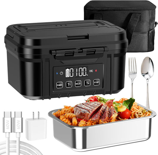 FERVINOW Cordless Electric Lunch Box for Adults \u2013 Battery-Powered Heated Lunch Box with 1.2L Stainless Steel Container, Timer Function, and Leak-Proof Food Warmer for Work, Travel & Office