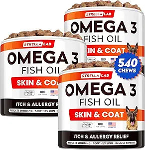 StrellaLab Omega 3 for Dogs - (540Ct) Fish Oil Treats - Allergy & Itch Relief Skin & Coat Supplement - Dry Itchy Skin, Anti Shedding & Hot Spots Treatment - Pet Salmon Oil Chews - Chicken Liver Flavor