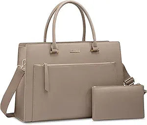 LOVEVOOK Laptop Bag for Women 15.6 Inch Tote Work Bag Leather Computer Briefcase Waterproof Business Teacher Office Bag Handbag with Small Clutch,Light Khaki