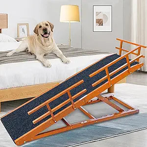 Dog Ramp for Bed - 65" Length, Supports up to 32" Height,Includes Non-Slip Replaceable Carpet, Safety Rails &Landing Platform,Adjustable & Foldable Pet Ramp for Large/Senior Dogs to Get on Bed-Walnut