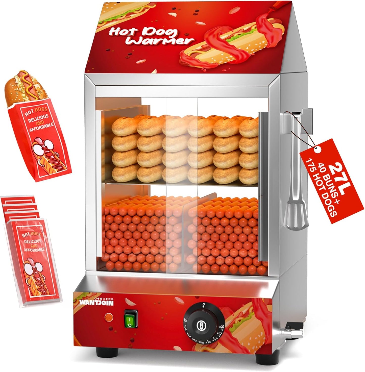 WantJoin Hot Dog Steamer with Bun Warmer - 27L/28.8 QT Electric Steaming Machine 2-Tier Capacity for 175 Hot Dogs & 40 Buns, Visible Glass Slide Doors for Commercial & Home Use