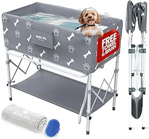Dog Bath Tub - Free Brush & Towel â€“ Foldable & Portable Dog Washing Station â€“ Lightweight Elevated Design for Indoor & Outdoor Grooming