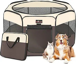 Aivituvin Dog Playpen, Foldable Pet Play Pens with Carrying Bag for Cat, Puppies, Rabbits, Portable Dog Tent Crates Cage for Travel Camping Indoor Outdoor, Removable Shade Cover, Brown L