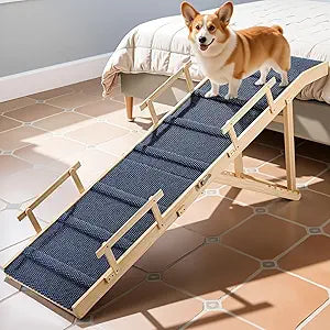 Dog Ramp for Bed with Rails, 64" Long Foldable Pet Ramp for Small Large Dogs, Dog Ramps for High Beds with Safety Side Railng, 6 Adjustable Heights 24" to 30" Up to 220LBS (Gray, 63" X 17inch)