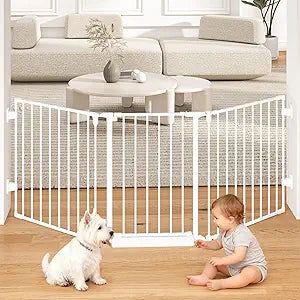 78" Extra Wide Baby Gate, Dog Gates Indoor for Doorways Stairs, Essential Safety Gate for Child, Hardware Mounted Adjustable Pet Gate with Anti-Trip Pedal, 28'' Tall 3 Metal Panels White