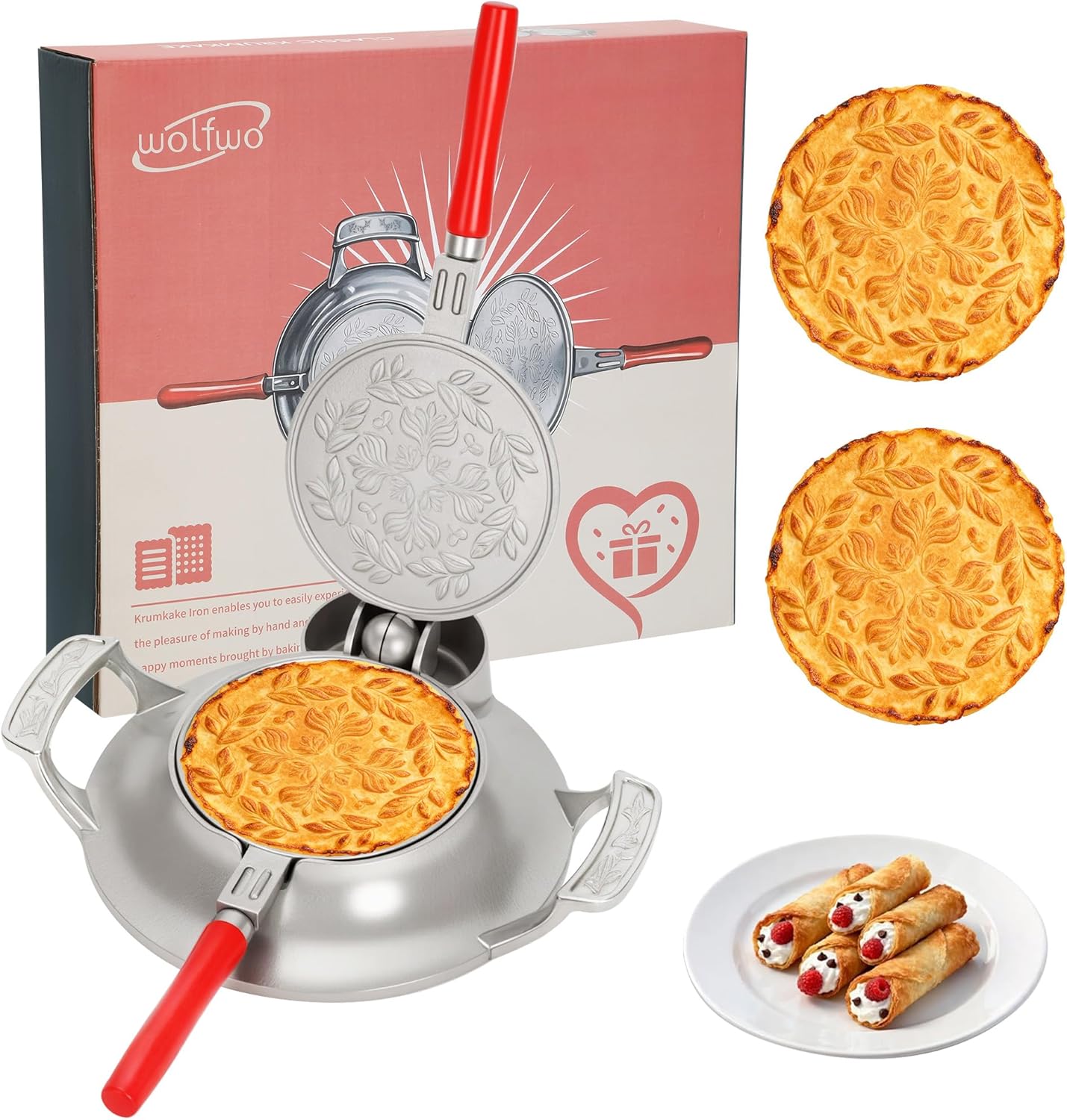 wolfwo Traditional krumkake Iiron & Pizzelle Maker, Suitable for Gas Stoves, Electric Stoves, Wood-Burning Stoves, Camping, Including Wood Cones, Perfect for Handcrafted Home Baking, Cast Aluminu
