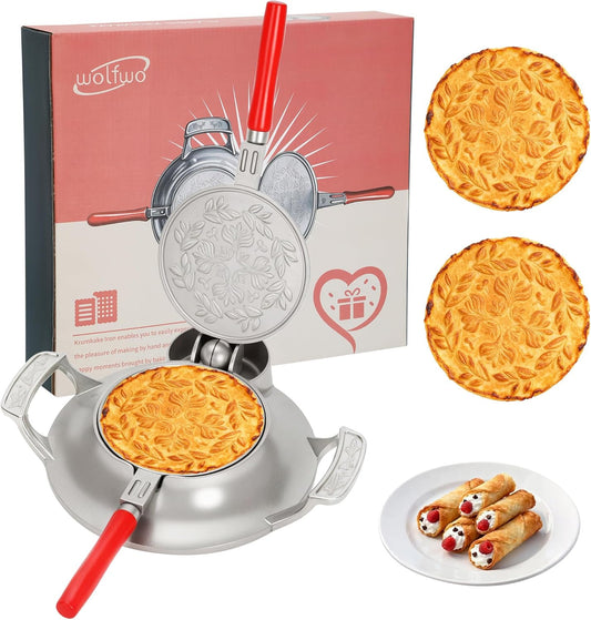 wolfwo Traditional krumkake Iiron & Pizzelle Maker, Suitable for Gas Stoves, Electric Stoves, Wood-Burning Stoves, Camping, Including Wood Cones, Perfect for Handcrafted Home Baking, Cast Aluminu