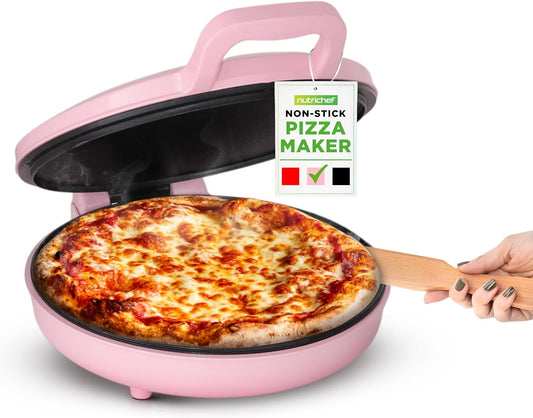 NutriChef Countertop Pizza Maker | 1500W Non-Stick Electric Pizza Cooker | Make 12" Personal Pizzas, Eggs, Toast, Quesadillas & More | Cool-Touch Handles & Space Saving | Temp Range 175-400°F | Pink