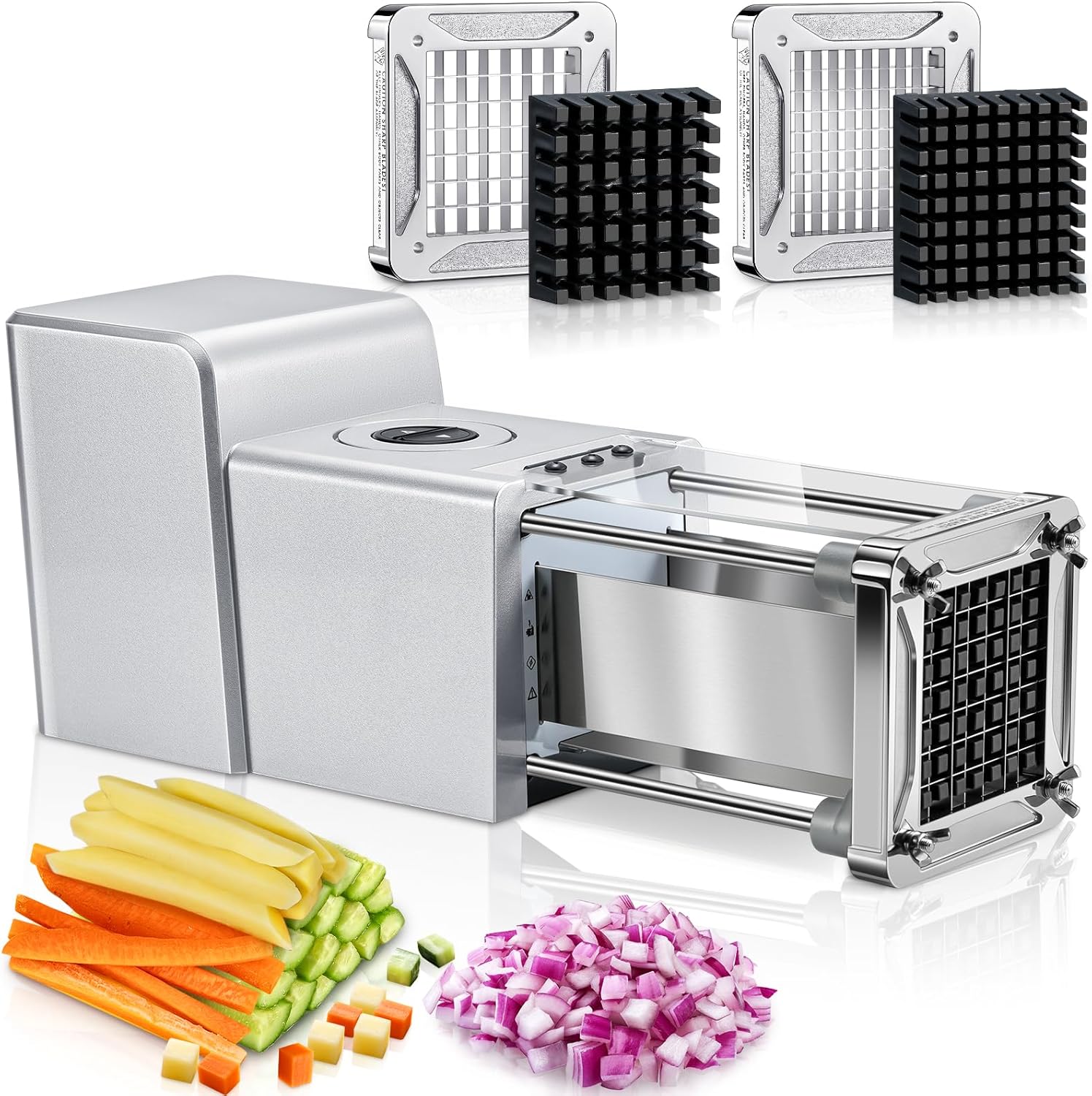Sopito French Fry Cutter Electric Potato Cutter Stainless Steel with 1\/2 & 3\/8 Inch Blades for Potatoes, Carrots, Cucumbers & Onions
