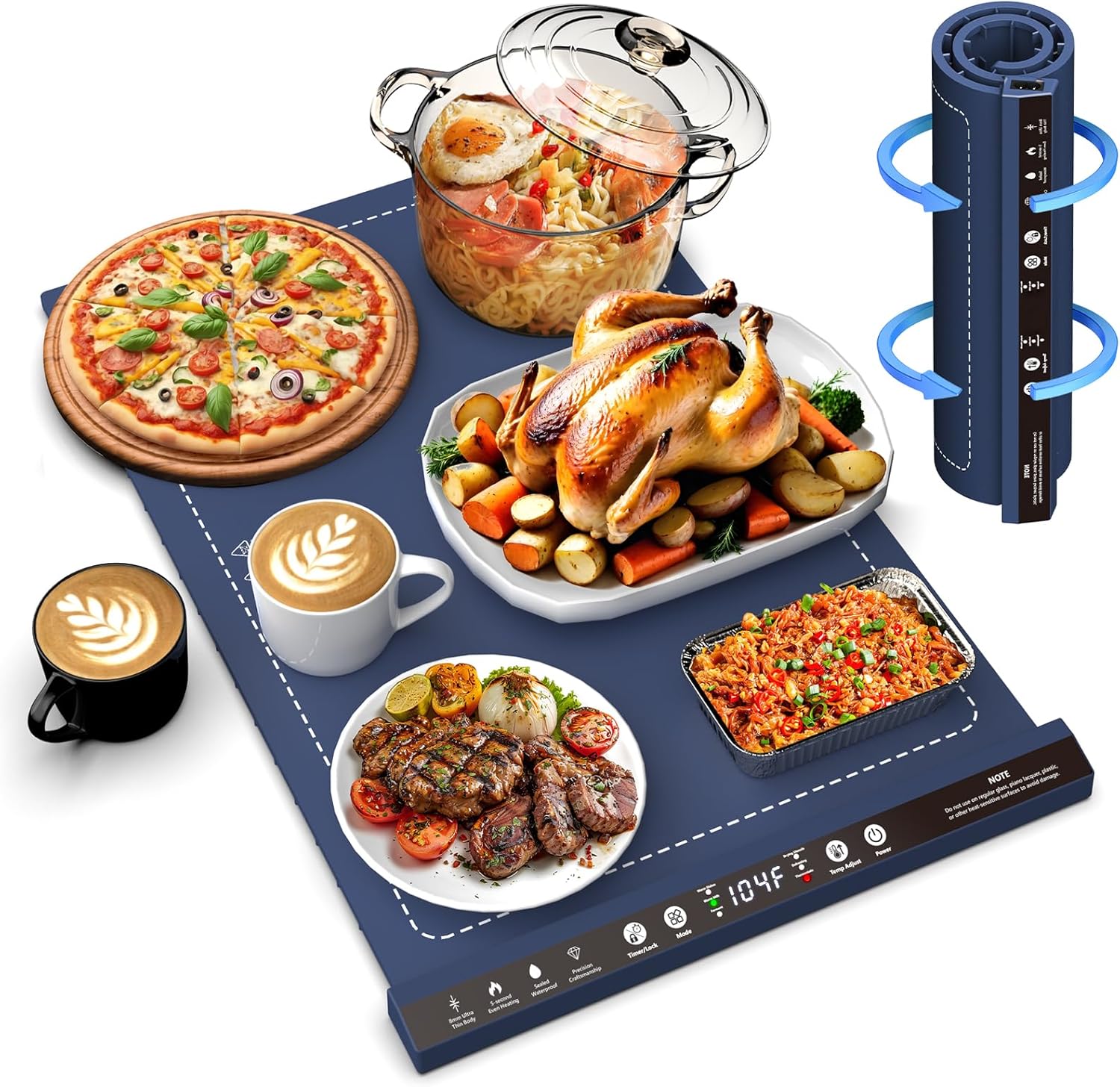Silicone Warming Mat for Food, Foldable Electric Food Warming Tray Kitchen Heating Mat for Buffets Party, Buffet, Gathering with 8 Adjustable Temperature, 24H Timer