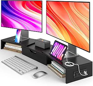 Elephance Dual Monitor Stand with USB Ports,Wood Computer Monitor Stand with Drawer,Adjustable Monitor Stand Riser,Desk Organizer for PC,Computer,Laptop,Black