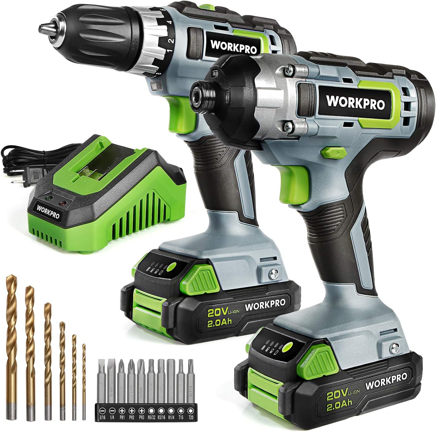 WORKPRO 20V Cordless Drill Combo Kit, Drill Driver and Impact Driver with 2x 2.0Ah Batteries and 1 Hour Fast Charger