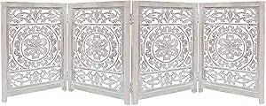 Wooden Foldable Pet Dog Safety Gate - 4 Panel 20" W x 24" H - Hand Carved Suzani Free Standing Portable Indoor Puppy Gate - Doorway Hall Stairs Dog Fence - Assembled - White Wash - IRONGATE