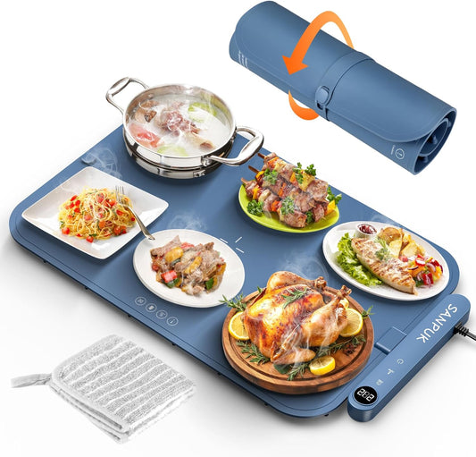 Upgrade Electric Warming Tray,Food Warming Mat,Food Heating Mat for Countertop, 6 Temperature Modes, Auto Shut-Off,Removable, Washable,for Versatile Food Warmer for Parties (Blue)