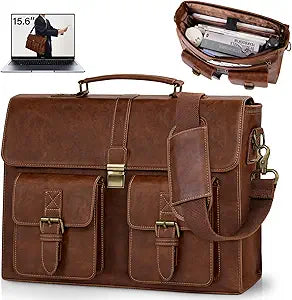 RAINSMORE Mens Messenger Bag 15.6 Inch Leather Vintage Laptop Briefcase Waterproof Computer Laptop Bag Leather Satchel Bag Large Shoulder Bag for Office Work Travel College, Brown