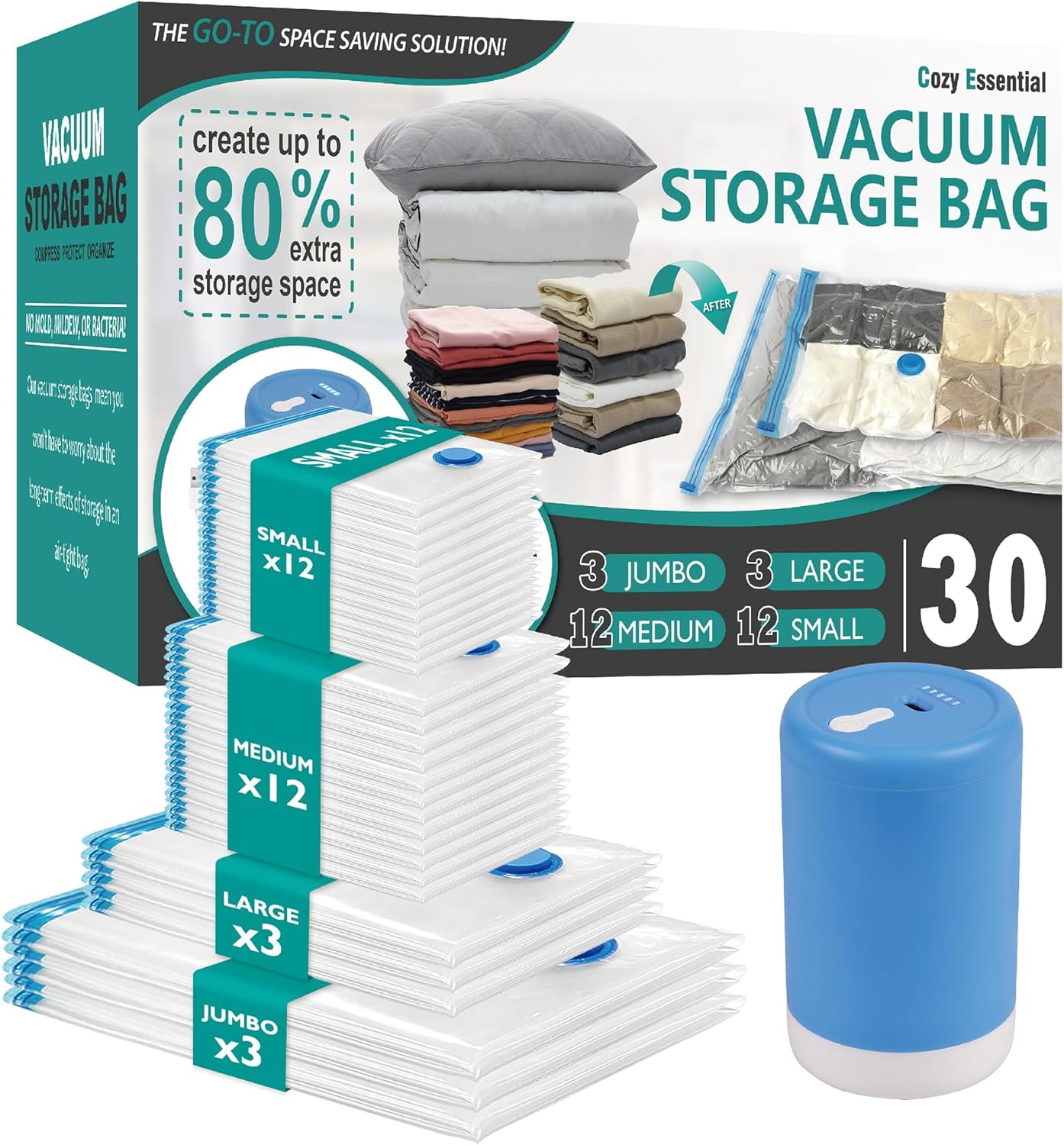 Cozy Essential 30 Pack Vacuum Storage Bags with Portable Rechargeable Wireless Electric Pump, Vacuum Seal Space Saver Bags for Clothing, Pillows, Blanket, Bedding, Comforter