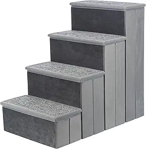 Trixie Velour Dog Stairs with Tread Steps - 4 Step Pet Stairs for Beds and Couches - Foldable with Additional Storage Space - Gray