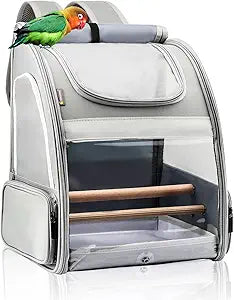 Texsens Bird Carrier Backpack - Pet Travel Cage with Upgraded Tray and Standing Perches, Breathable & Portable, for Small Birds, Green Cheek, Cockatiel, Parrot (Grey)
